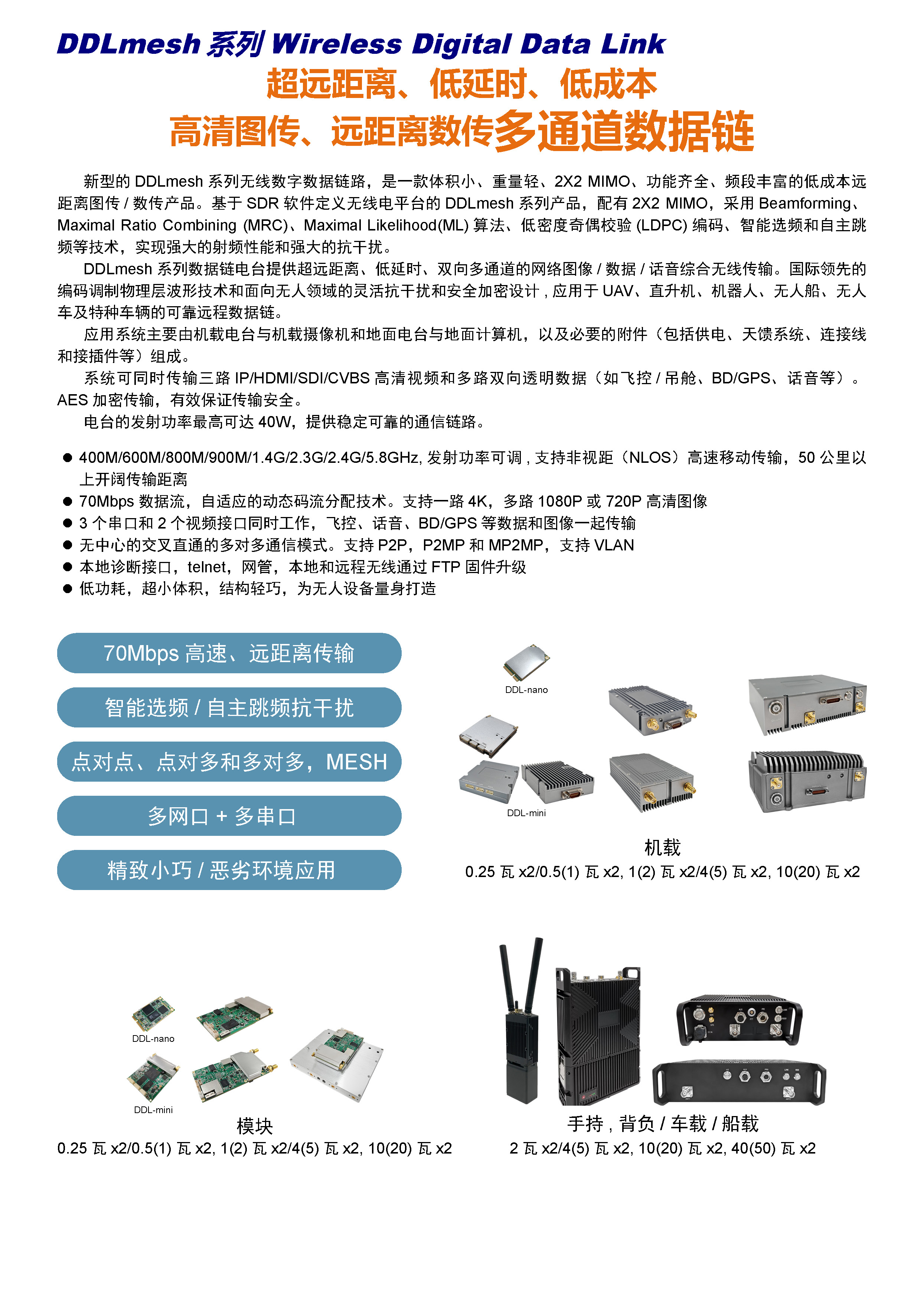 DDLmesh系列超远距离、低延时、低成本 高清图传、远距离数传多通道数据链                                         (图1)